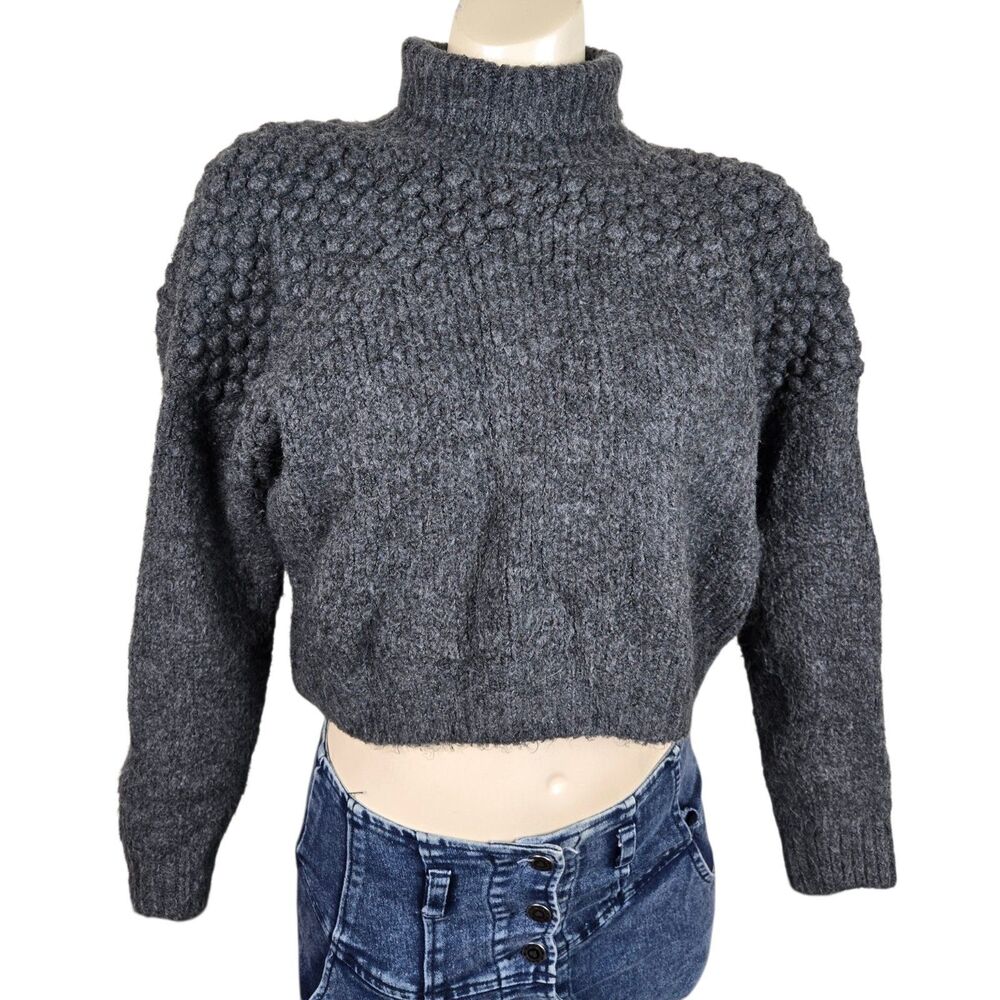 Free Pople Bradley Heather Charcoal Gray Crop Sweater S Mock Neck Popcorn Knit